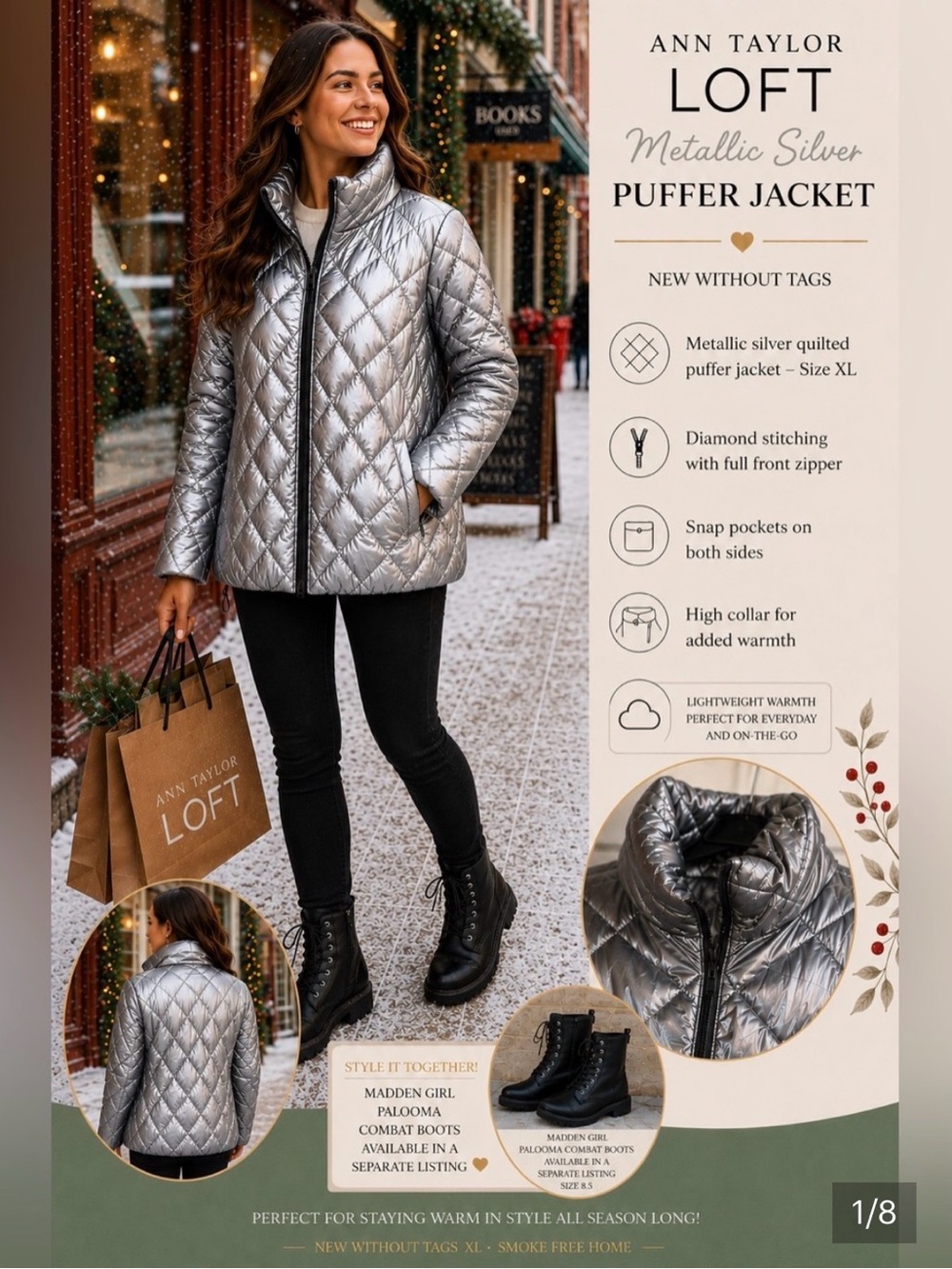 LOFT Metallic Silver Quilted Puffer Jacket